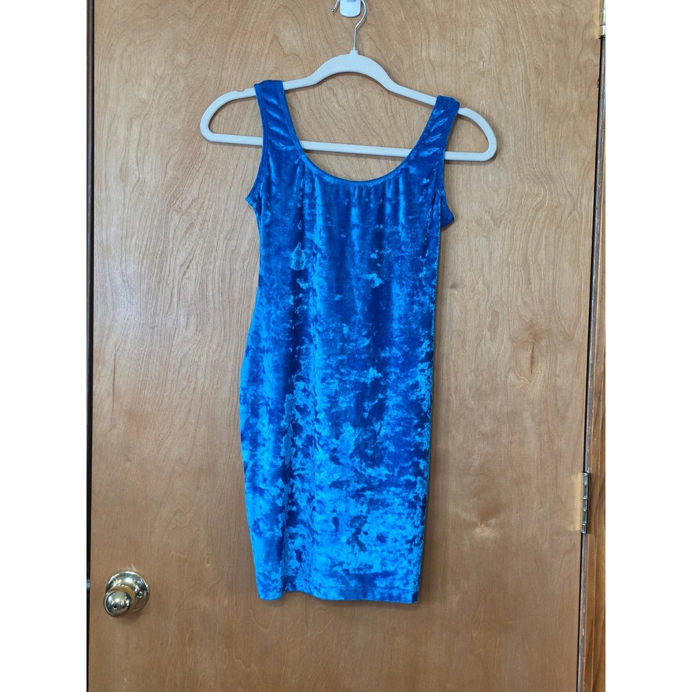 Vintage Elan USA Electric Blue Crushed Velvet Bodycon Mini Dress Deep Scoop Back